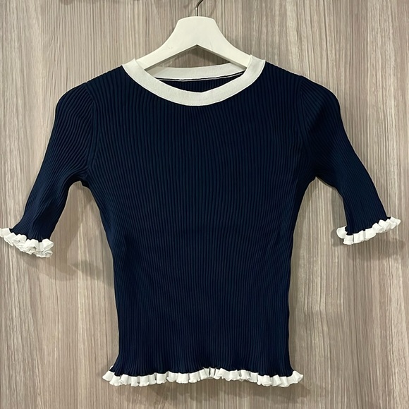 Edition mo & co Navy dark blue knit top short sleeve white scallop edge size XS - Picture 1 of 5